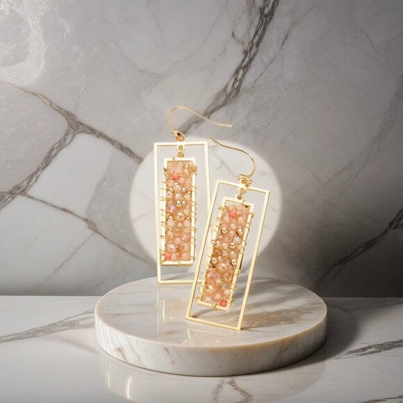Summer Bead Wrapped Double Metal Rectangle Dangle Earrings - Picture 1 of 2